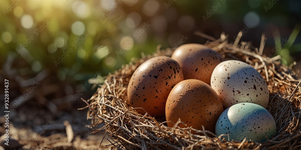 Easter Eggs in Nest with Easter Greeting and Sunny Background. Easter Eggs in Nest with Easter Greeting and Sunny Background.