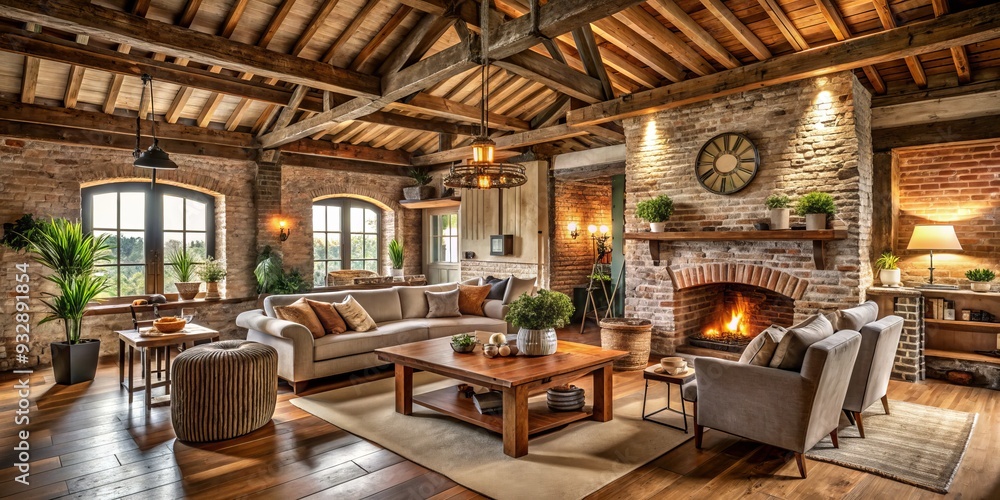 Fototapeta premium Exposed brick walls, weathered wooden beams, and plush furnishings blend in a soothing palette of muted tones, evoking a sense of rustic charm and warmth.