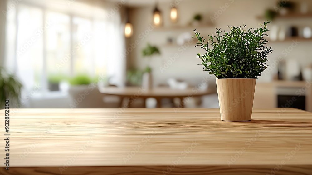 Fototapeta premium kitchen table background wood counter top on blur of white clean abstract home interior with bokeh used for display or montage your wooden for dining background table banner : Generative AI