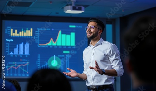 Confident Indian Male Executive Leading Presentation with Interactive Data Visuals
