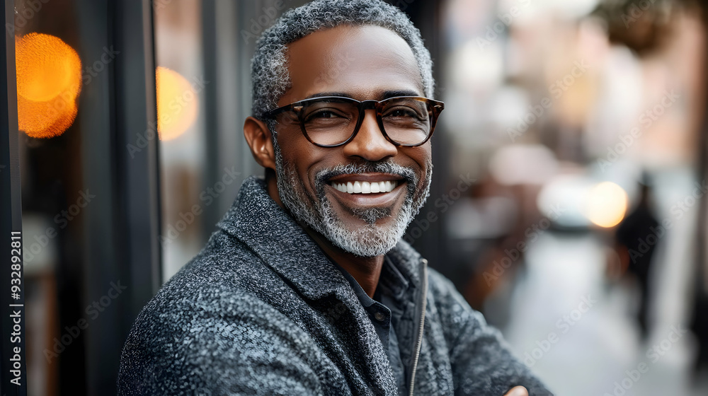 Smiling man with grey hair and beard wearing glasses in a grey jacket. Smiling man with grey hair and beard wearing glasses in a grey jacket.
