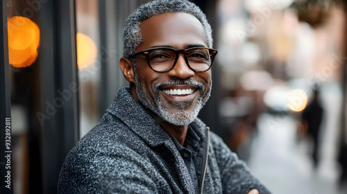 Smiling man with grey hair ...
