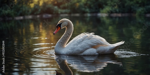 Fototapeta Naklejka Na Ścianę i Meble -  Elegant swan in serene pond watercolor art.