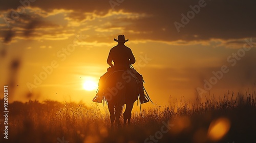 Silhouette of ranch hand or cowboy riding his horse in the sunset : Generative AI