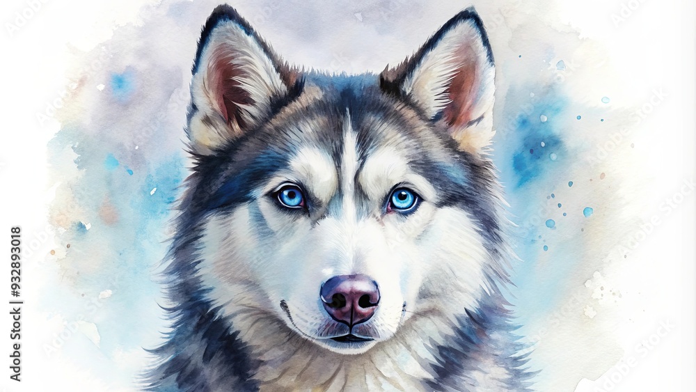 Watercolor painting of a Siberian Husky with bright blue eyes and fluffy coat, Siberian Husky, watercolor painting Watercolor painting of a Siberian Husky with bright blue eyes and fluffy coat, Siberian Husky, watercolor painting