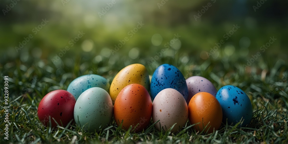 Easter eggs nestled in green grass with copyspace and a blue background. Easter eggs nestled in green grass with copyspace and a blue background.