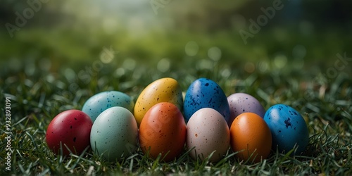 Easter eggs nestled in green grass with copyspace and a blue background. photo