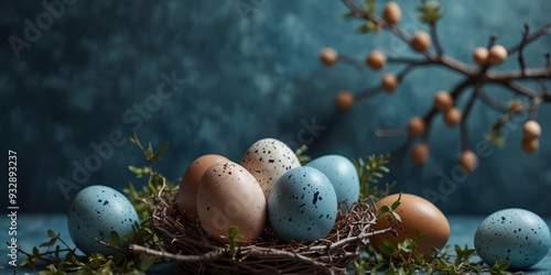 Easter theme with eggs branches and blue background Top view with space. photo