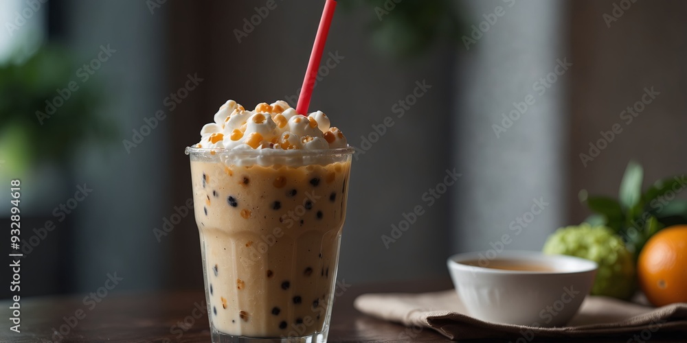 Delicious tapioca in a bubble milk tea with ice shown in a copy space image. Delicious tapioca in a bubble milk tea with ice shown in a copy space image.