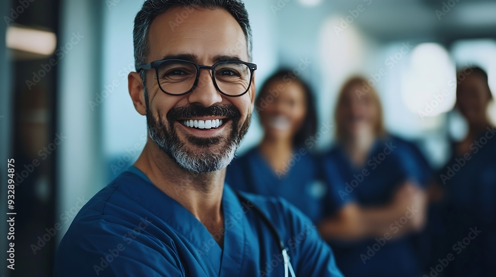 Portrait of a happy and smiling man doctor or nurse standing with group of a healthcare staff in a hospital setting Professional medical team exemplifies unity and expertise in clinic : Generative AI Portrait of a happy and smiling man doctor or nurse standing with group of a healthcare staff in a hospital setting Professional medical team exemplifies unity and expertise in clinic : Generative AI