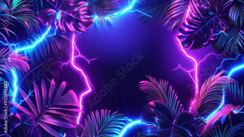 Neon lightning bolts with stage, purple background, vibrant glow, tropical leaves, modern design, high contrast photo