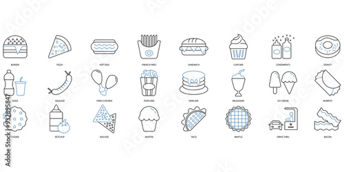 Fast food icons set. Set of editable stroke icons.Set of Fast food