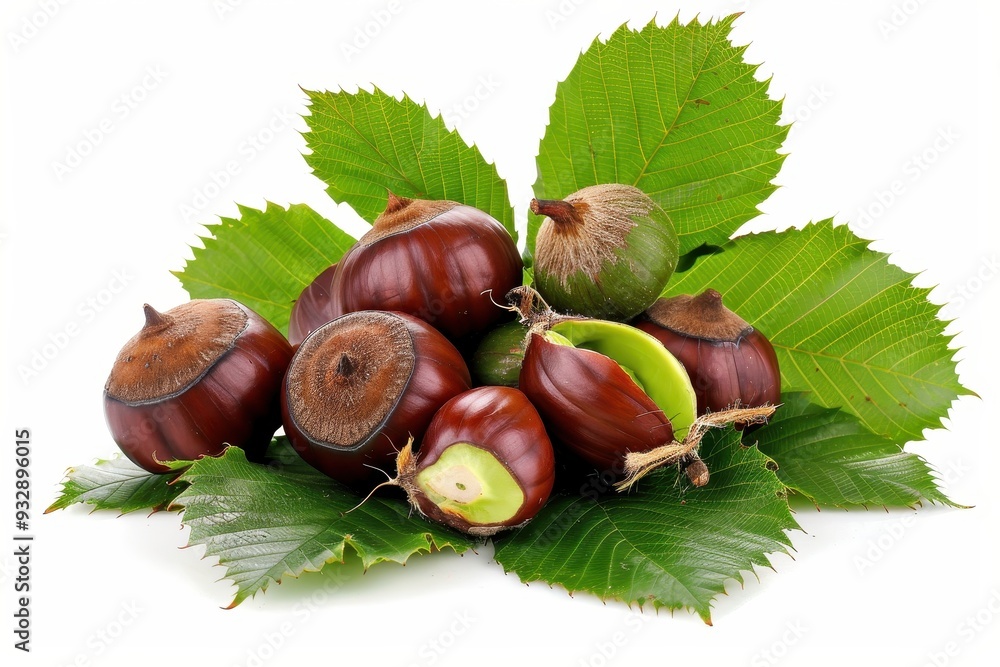 Isolated horse chestnuts with leaves on white background Isolated horse chestnuts with leaves on white background