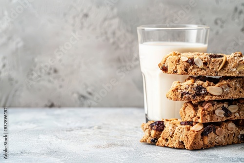 Italian biscotti with raisins almonds and milk on a bright background