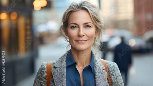 Woman in grey jacket smiles...