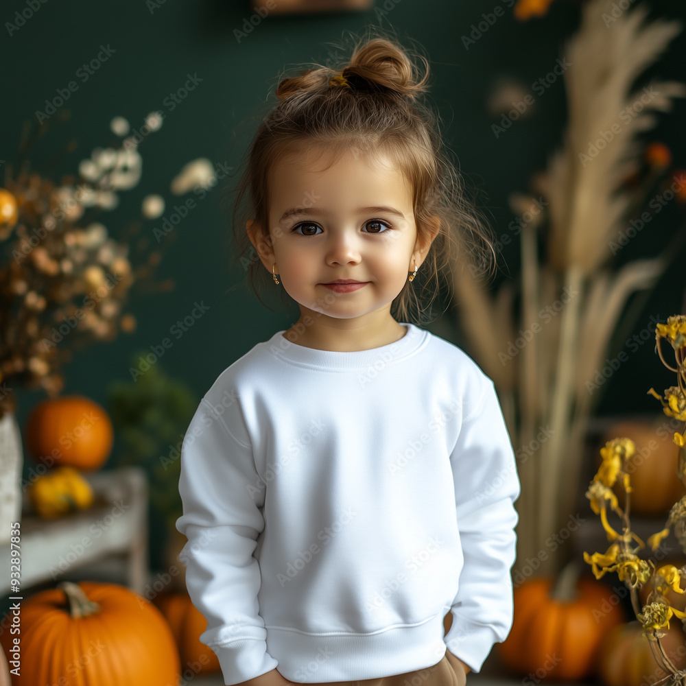 © Andrii Fanta - Baby girl model in white longsleeve shirt. Children sweatshirt mockup. Dark green background with pumpkins and plants