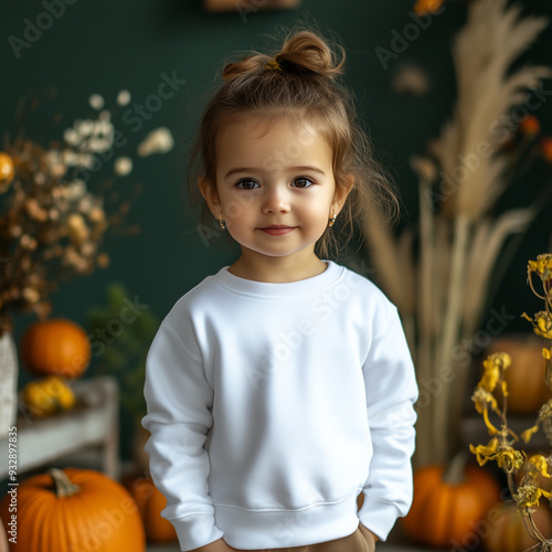 Baby girl model in white longsleeve shirt. Children sweatshirt mockup. Dark green background with pumpkins and plants photo