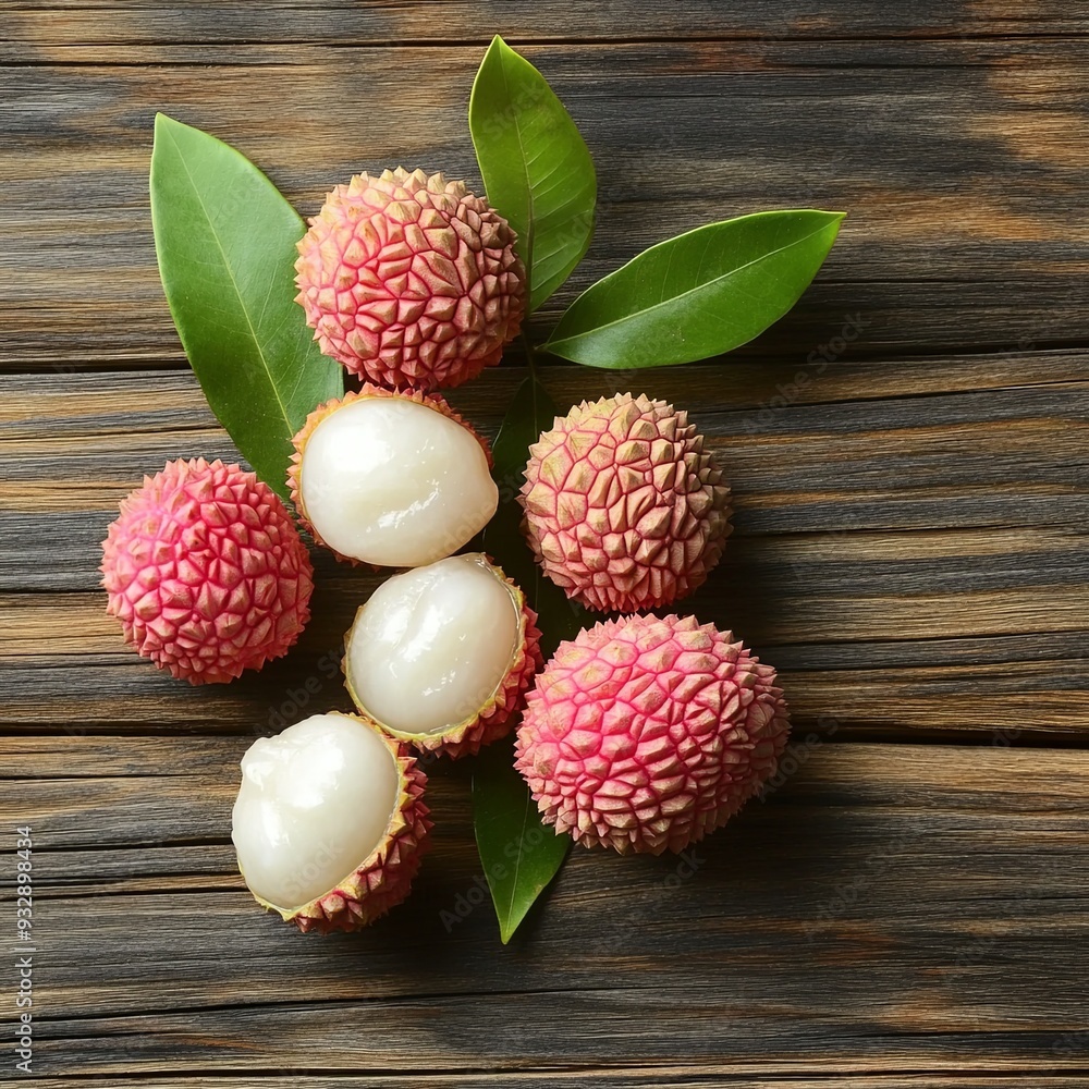 Fresh ripe lychee fruit and peeled lychee with green leaves on wooden background. rustic style, from above Fresh ripe lychee fruit and peeled lychee with green leaves on wooden background. rustic style, from above