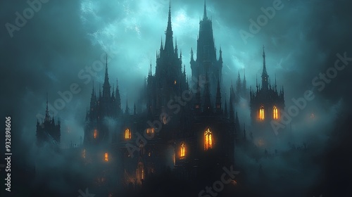 Mysterious Gothic Castle in Foggy Night