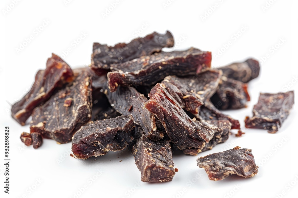 Jerky pieces on white background Dried beef meat Jerky pieces on white background Dried beef meat