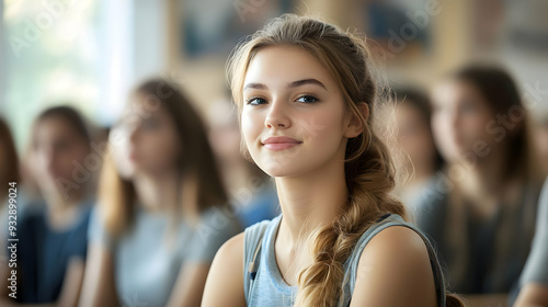 Young woman with long blonde hair smiling at camera, sitting in a classroom.