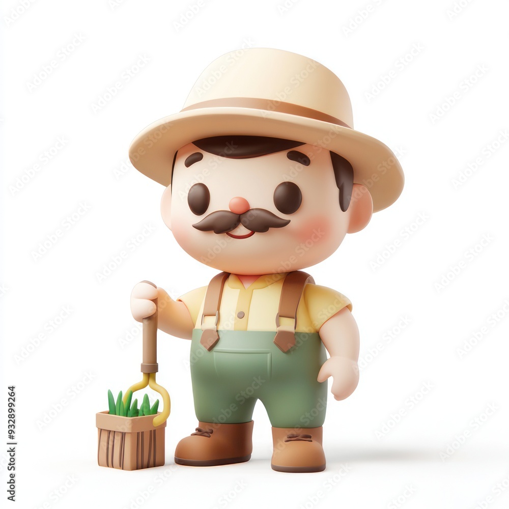 Naklejka premium Adorable Clay Farmer Character in 3D with Kawaii Style on White Background, Generative Ai 