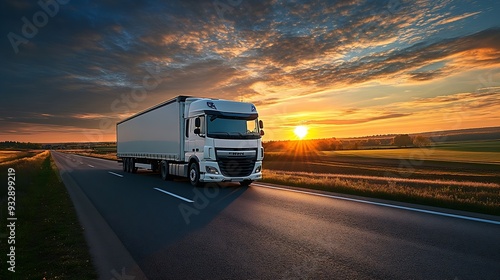 Wallpaper Mural White truck driving on the asphalt road in rural landscape at sunset : Generative AI Torontodigital.ca