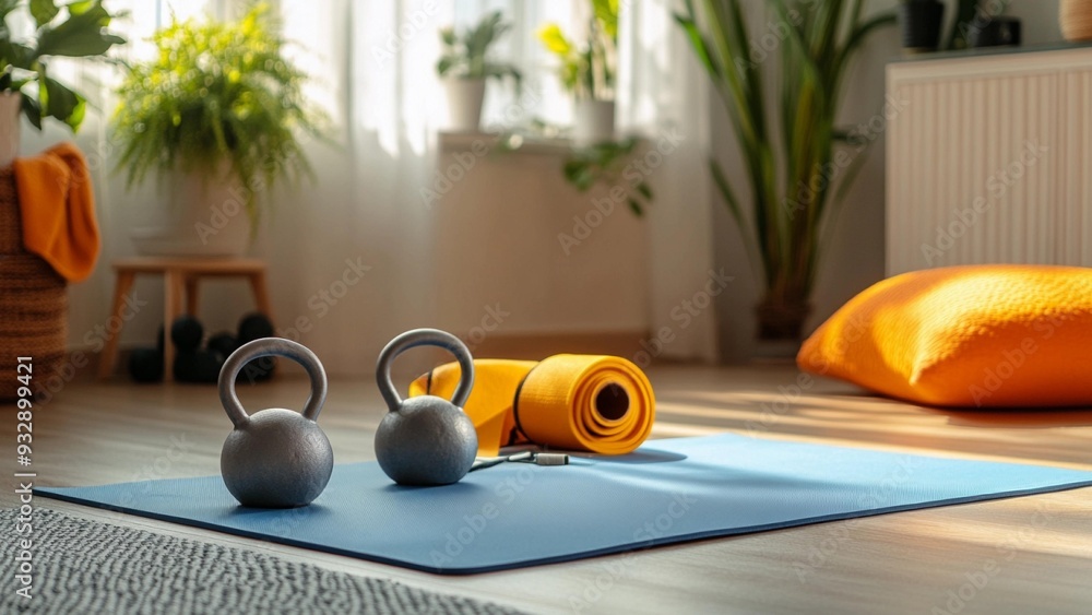 Bright Home Workout Setup with Yoga Mat and Kettlebells, Generative AI illustration Bright Home Workout Setup with Yoga Mat and Kettlebells, Generative AI illustration