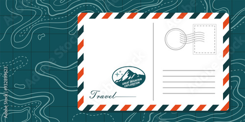 travel postcard white paper with red and blue on vintage topographic texture background. concept of travelling illustration. air mail or envelope