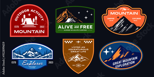 colorful mountain rustic badge design for t-shirt. set collection of vintage adventure badge. Camping emblem logo with mountain illustration in retro style