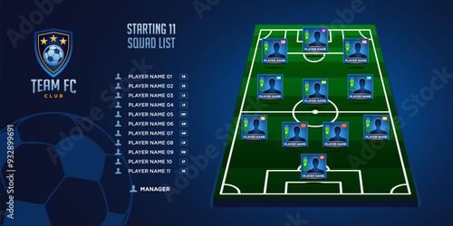 modern football game plan formation board. starting eleven illustration. Football graphic for soccer starting lineup squad, Soccer line up, Football starting XI.