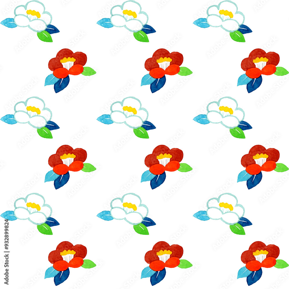 かわいい椿のシームレスパターン 手描き水彩イラストの花柄 かわいい椿のシームレスパターン 手描き水彩イラストの花柄