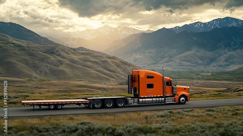Industrial carrier orange big rig semi truck tractor with extended cab for truck driver rest transporting two empty flat bed semi trailers running on the highway road along the meadow  : Generative AI