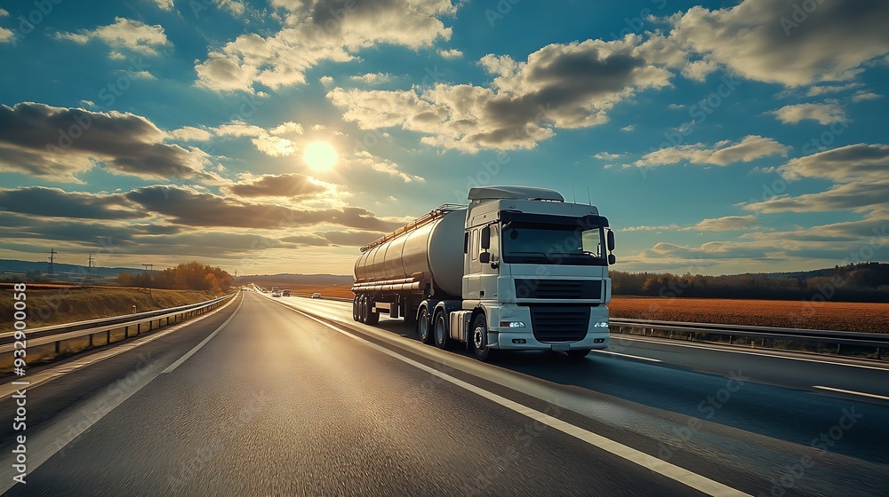 Tanker truck for transporting food liquids driving on the highway under a blue sky with clouds : Generative AI Tanker truck for transporting food liquids driving on the highway under a blue sky with clouds : Generative AI