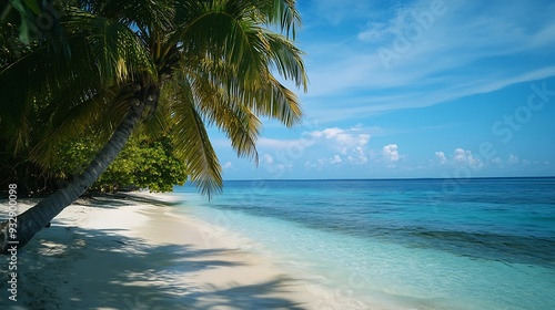 Tropical island paradise sea beach ocean water green coconut palm tree leaves sand sun blue sky cloud beautiful nature panorama landscape Caribbean Maldives Thailand summer holidays va : Generative AI