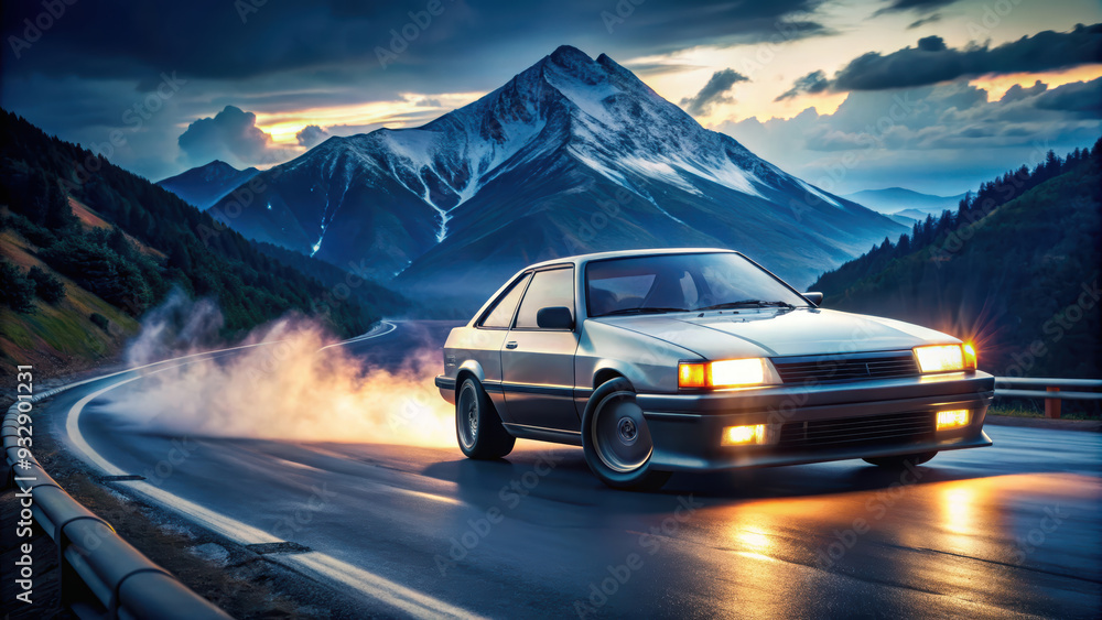 Naklejka premium Silver Sports Car Driving on a Mountain Road at Sunset