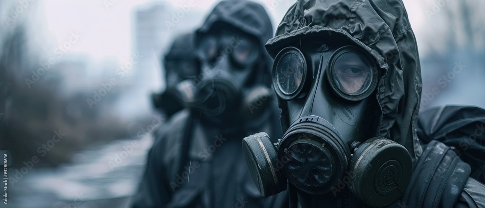 Men in protective workwear, armed forces, gas masks, protect against danger Men in protective workwear, armed forces, gas masks, protect against danger