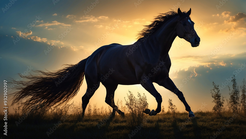 Silhouette of a horse running freely in a field at dusk Silhouette of a horse running freely in a field at dusk