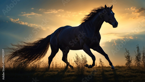 Silhouette of a horse running freely in a field at dusk