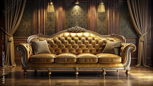 Luxurious velvet sofa from the golden age of cinema, adorned with intricate Art Deco accents, exudes opulence in a timeless setting. photo