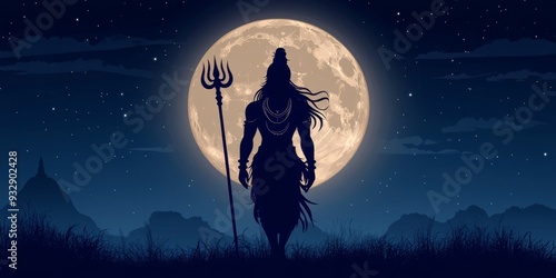 Abstract Silhouette of Lord Shiva with Trident Against Full Moon: AI-Generated Illustration for Cultural Marketing. Minimalist Composition with Elegant Gradients. Versatile Graphic for Indian Mytholog