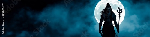 Abstract Silhouette of Lord Shiva with Trident Against Full Moon: AI-Generated Illustration for Cultural Marketing. Minimalist Composition with Elegant Gradients. Versatile Graphic for Indian Mytholog
