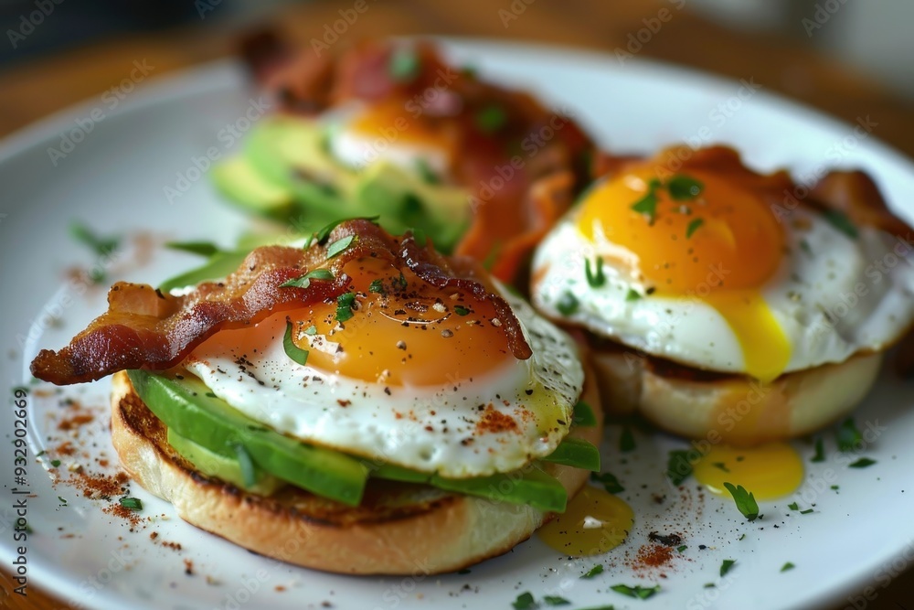 Macro shot of eggs benedict with avocado and bacon Macro shot of eggs benedict with avocado and bacon