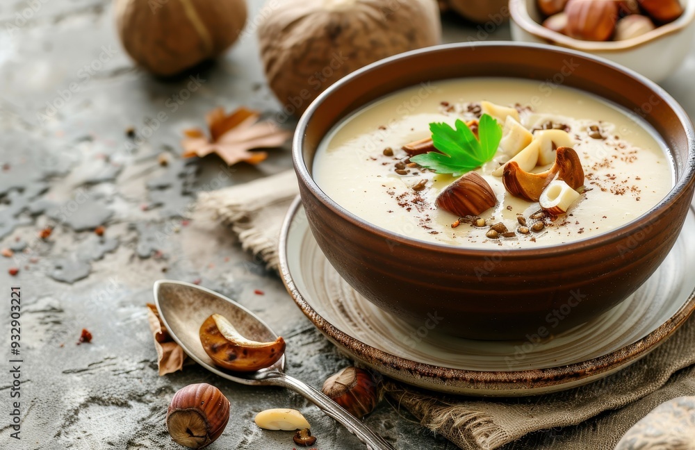 Pureed chestnut cream soup on concrete Selective focus Pureed chestnut cream soup on concrete Selective focus