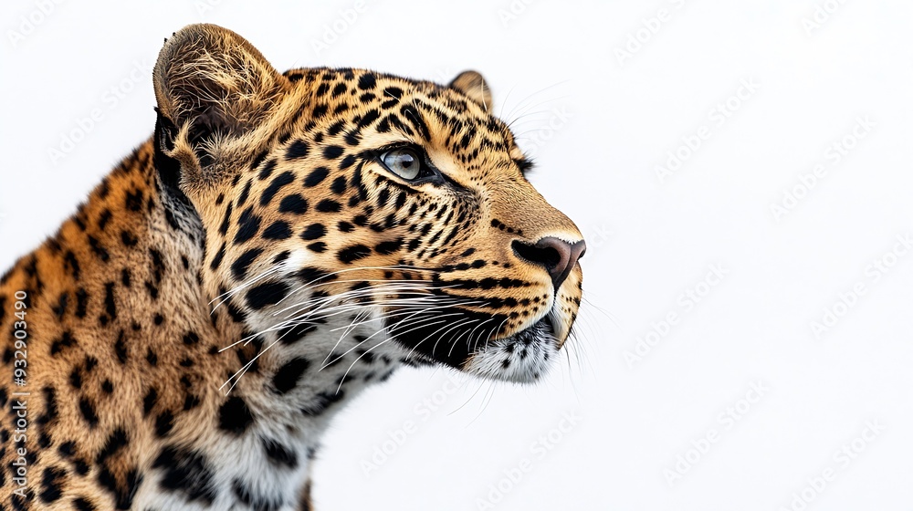 Obraz premium Portrait of leopard standing a looking away proudly Panthera pardus against white background : Generative AI
