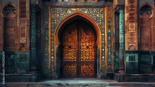 An elaborately decorated doorway in the Islamic style. Generative Ai