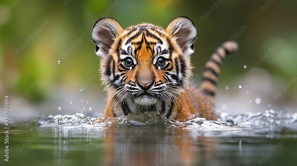 Naklejka premium Cute Bengal tiger cub emerges from the water Horizontally : Generative AI