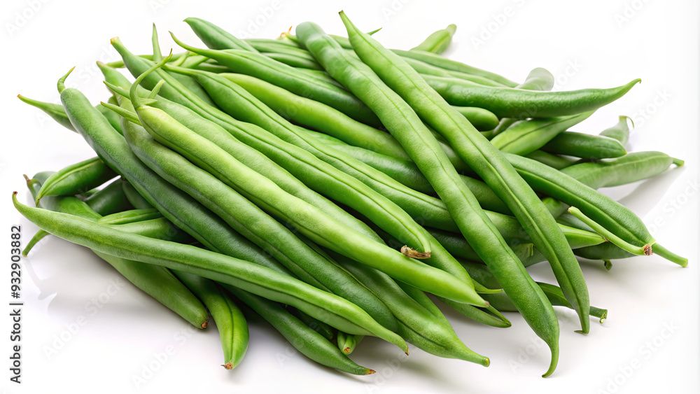 A pile of freshly harvested green beans rests on a white surface, showcasing their bright green color and crisp texture A pile of freshly harvested green beans rests on a white surface, showcasing their bright green color and crisp texture