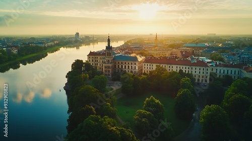 Aerial view of the Latvian academy of sciences in Riga in a summer cloudy day Latvia It was built between 1953 and 1956 dominates the skyline standing at 108m tall : Generative AI