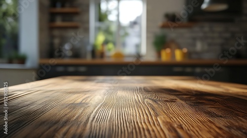 Space for product montage on wooden table top over blurred kitchen counter interior background : Generative AI